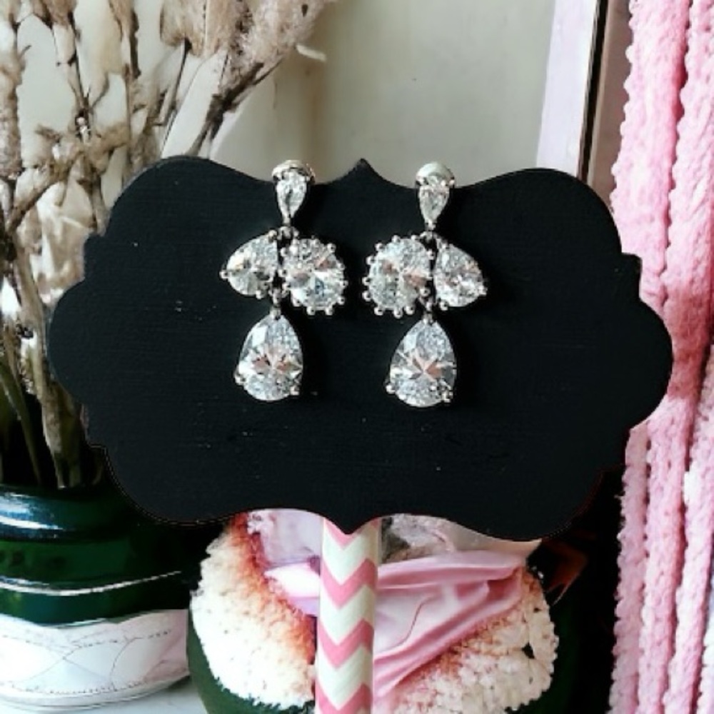 Silver Cluster CZ Dangle Earrings